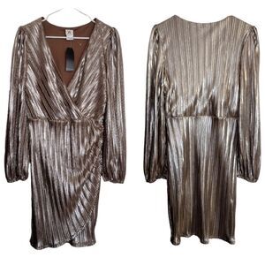Wrapper Metallic Long Sleeve Pleated Wrap Over Midi Dress Large NWT
